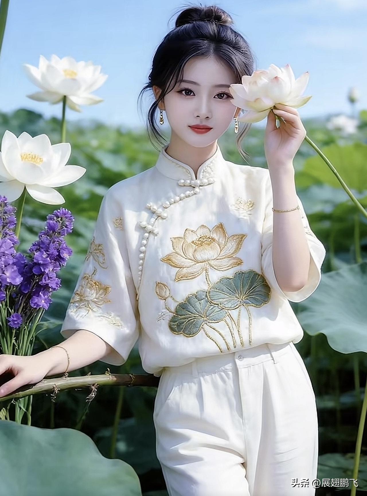 夏日荷塘仙气少女，白衣飘飘，宛如画中仙子。温柔白衣少女 湖边白裙少女 梦幻白裙少