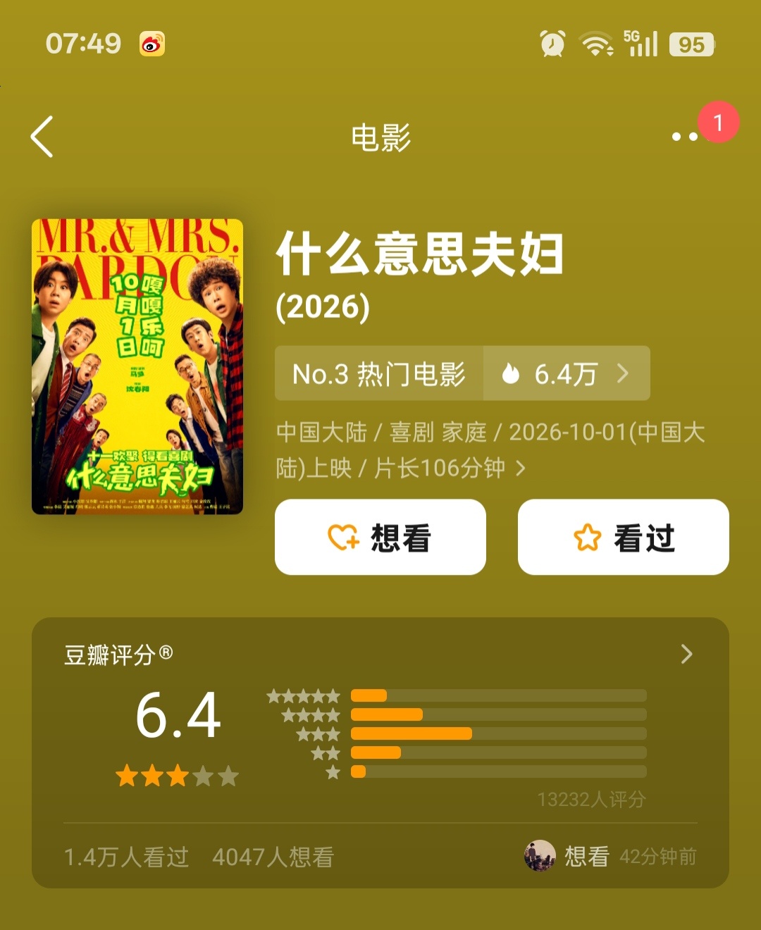小沈阳夫妇新片豆瓣开分6.4小沈阳夫妇新电影《什么意思夫妇》，豆瓣开分6.4分 