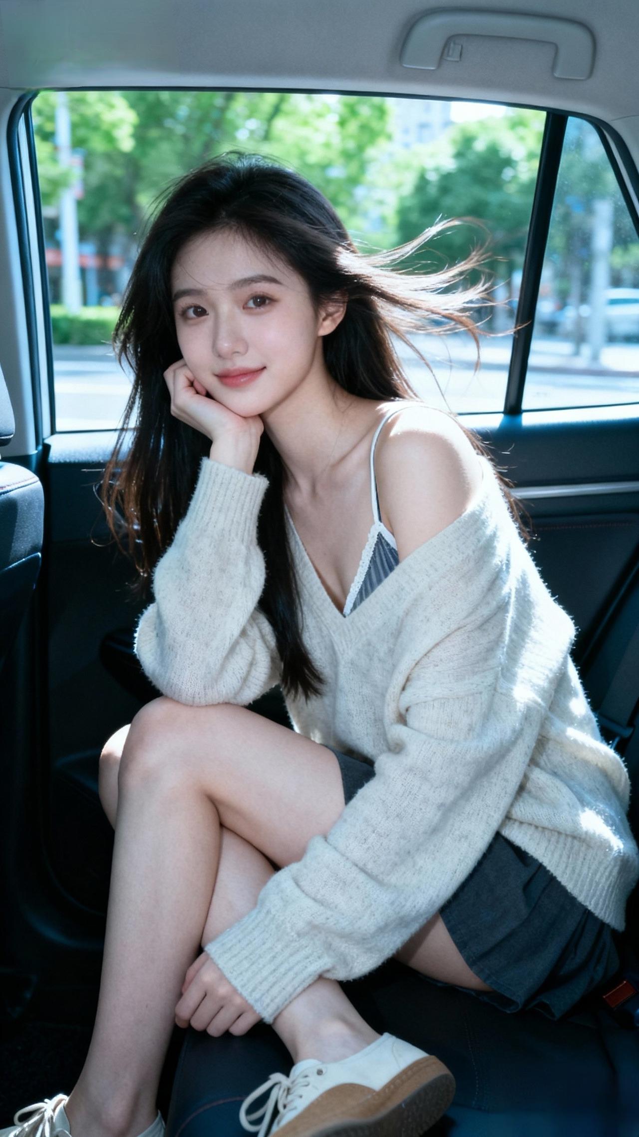 阳光洒进车窗，少女甜美微笑，车内舒适时光。🌞💕🚗