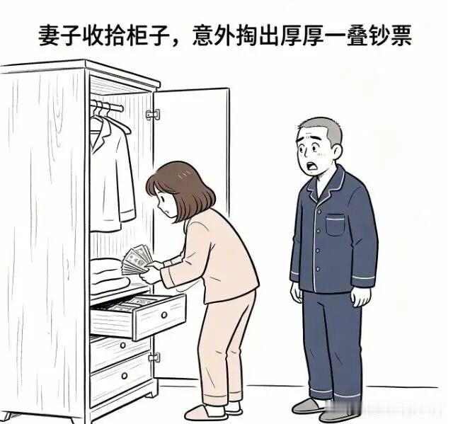 趣味漫画:妻子收拾柜子，意外翻出厚厚一叠钞票，看向老公质问道：老实交代，这笔私房