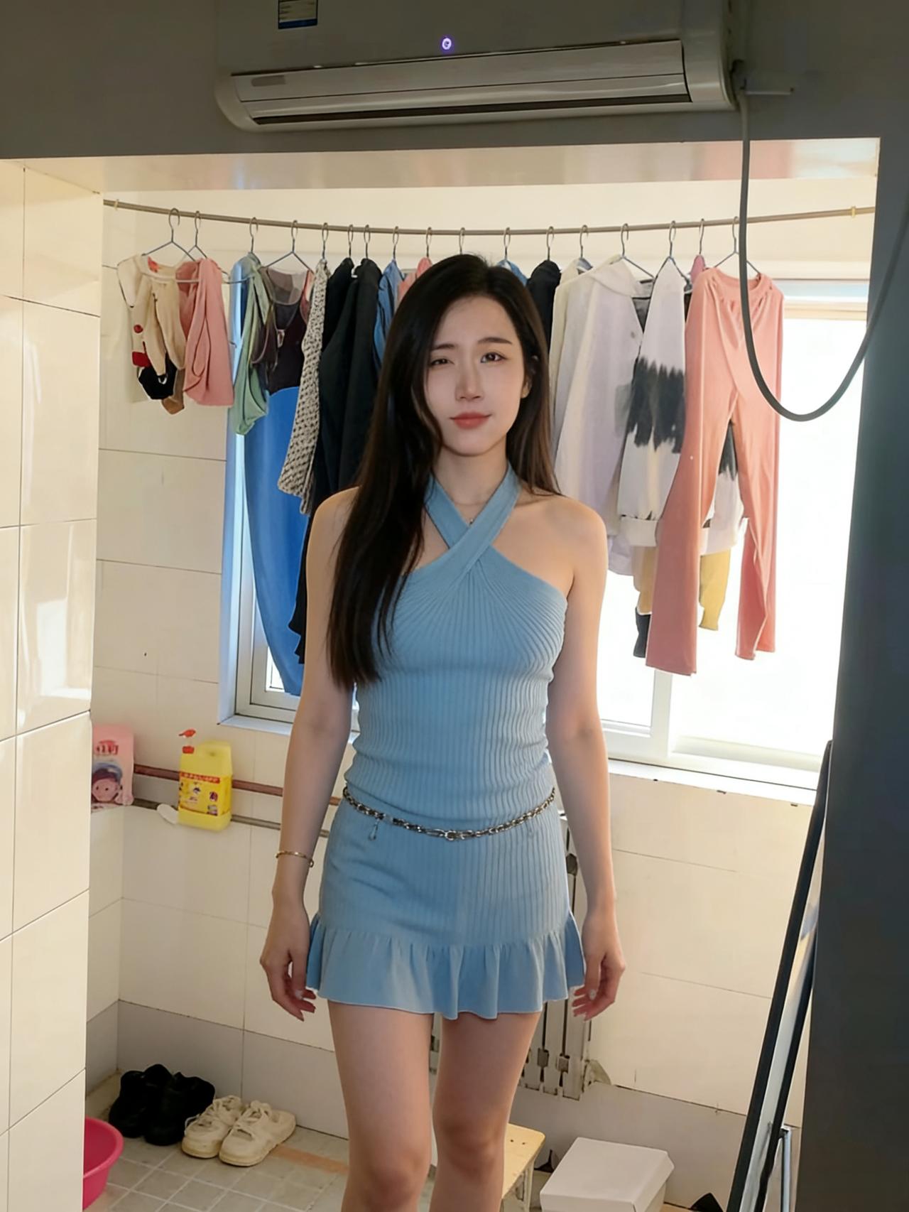 衣架列队，挂着生活的边角料
红的粉的蓝的，在窗边晃荡
她穿一身浅蓝，像突然闯入的