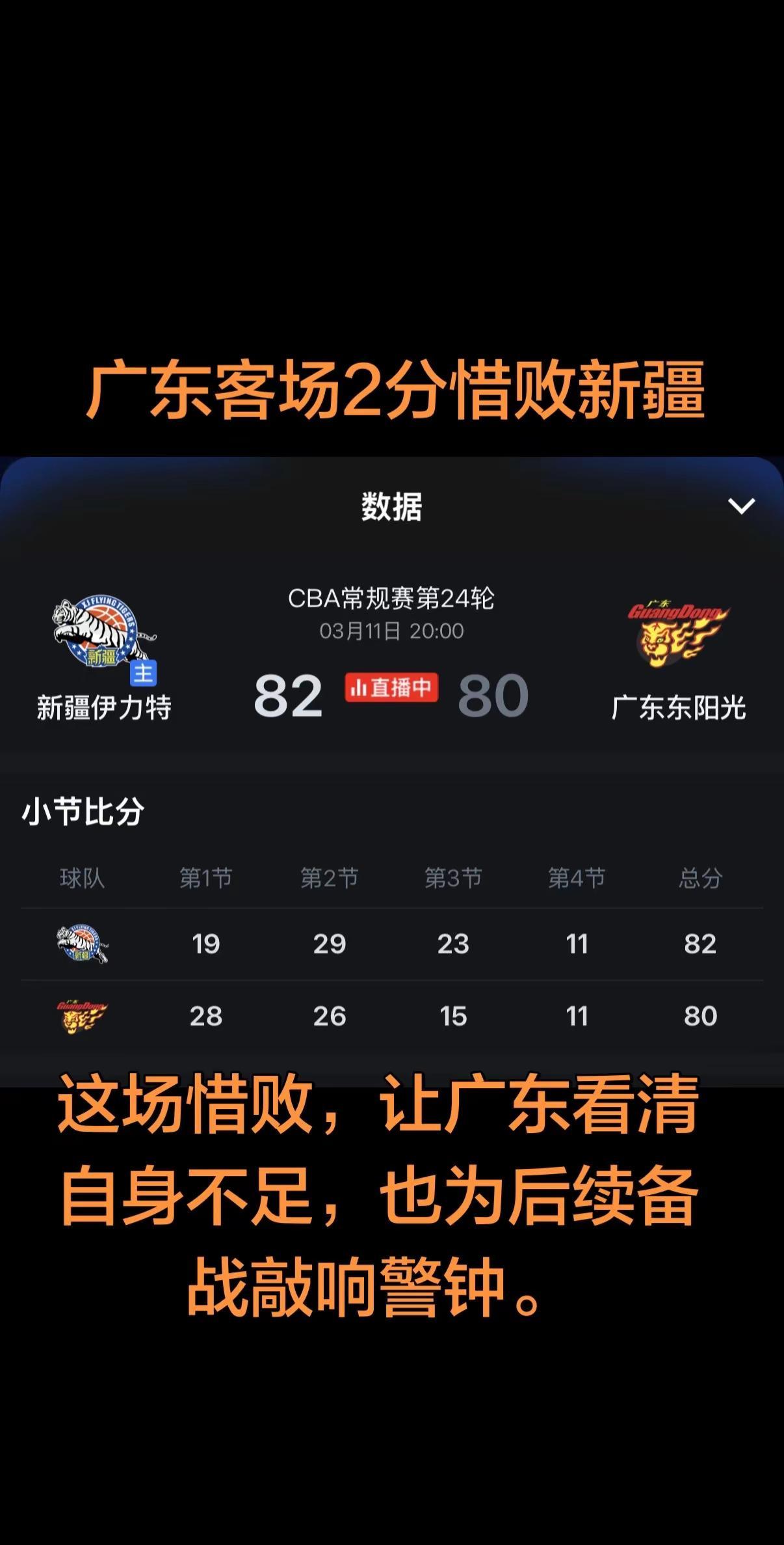 两分之差，是遗憾，更是警醒。作为联赛传统强队，广东虽仍稳居积分榜前列，但客场作战