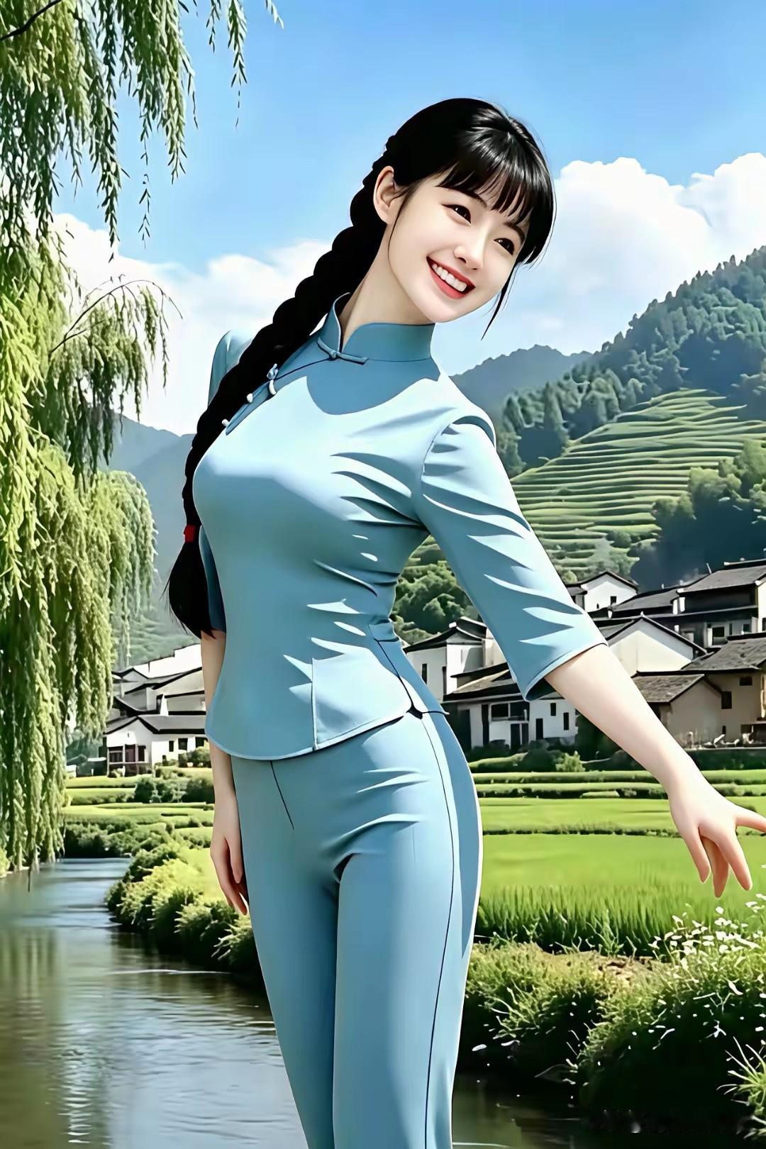 姑娘欢笑意盈盈，满目山野景玲珑。
溪岸柔柳垂青丝，层层梯田绕山峰。