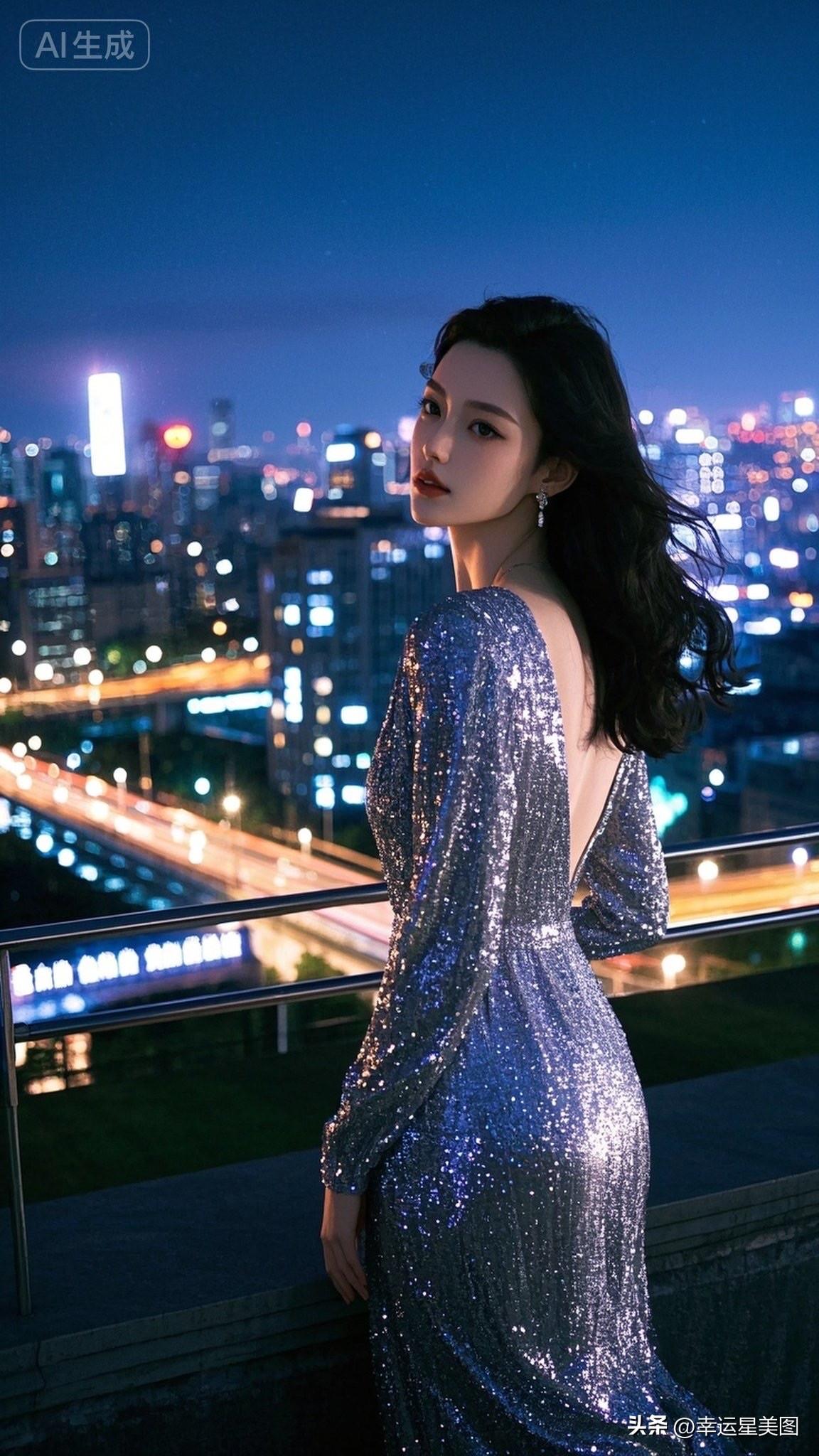 夜色中的都市精灵，闪闪发光的金色长裙，城市灯光下的迷人背影。