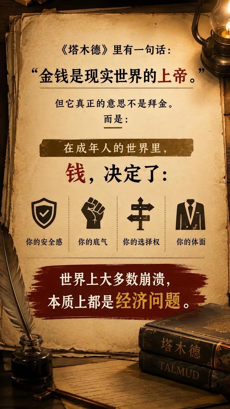 《塔木德》的扎心真相：成年人的底气，都是钱给的
 
《塔木德》里说：“金钱是现实