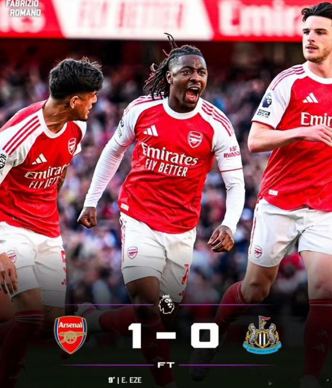 阿森纳1比0纽卡斯尔联阿森纳1:0小胜纽卡斯尔。由于关键争冠对决不敌曼城，英超冠