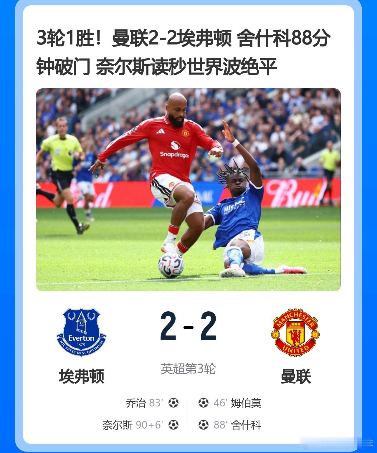 3轮1胜！曼联2-2埃弗顿 舍什科88分钟破门 奈尔斯读秒世界波绝平英超曼联  