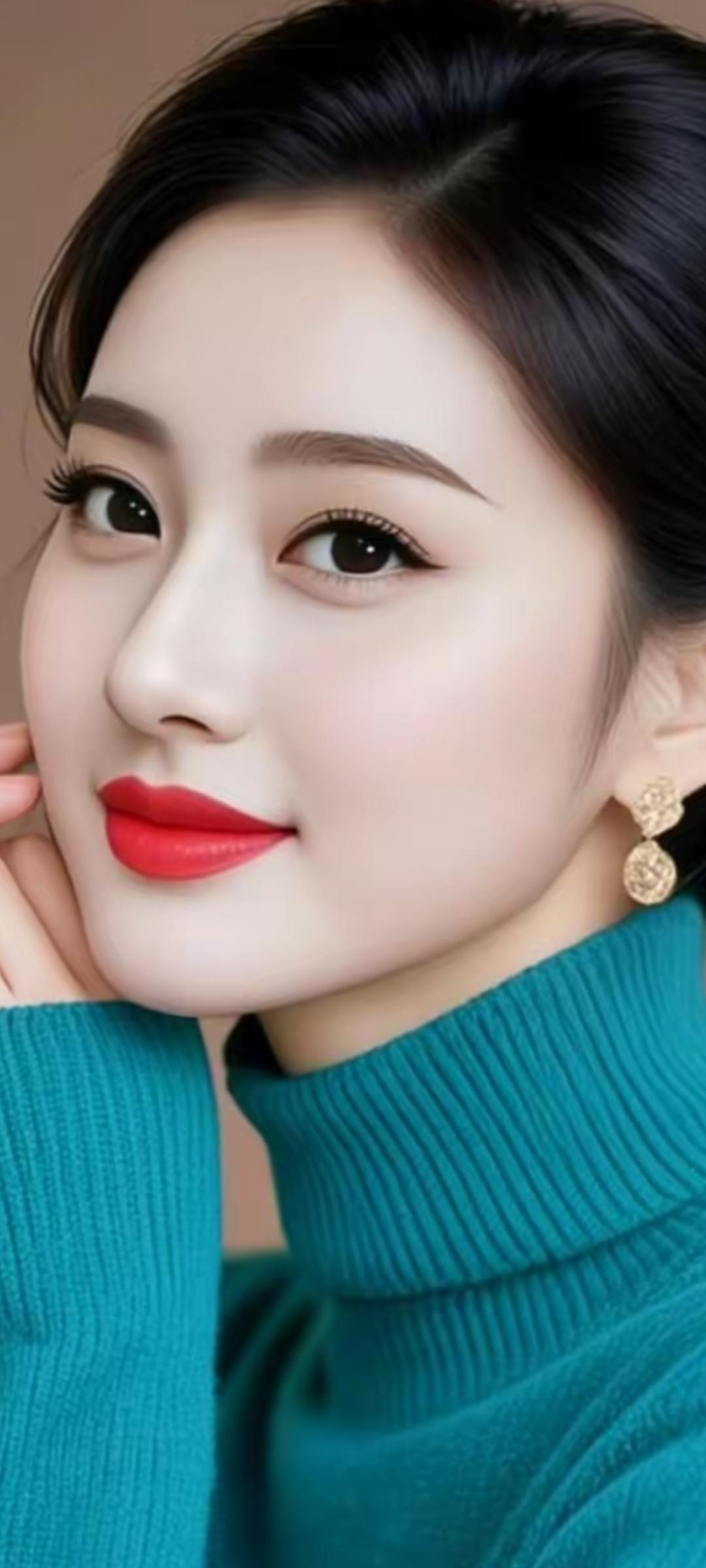 温柔甜美的蓝绿色毛衣，搭配红唇和闪亮耳环，秒变时尚女神！💄✨