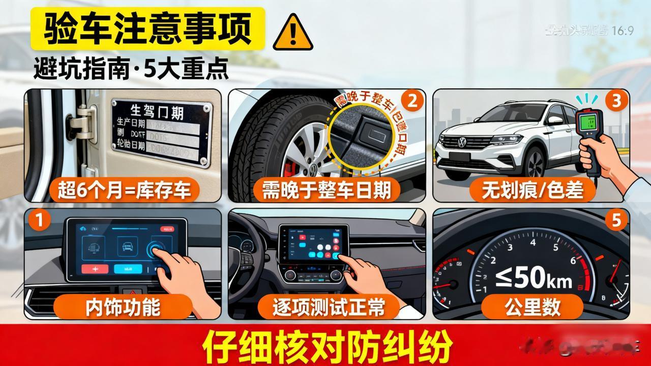 验车注意事项

重点看生产日期（副驾门框铭牌），超6个月算库存车。检查轮胎日期是