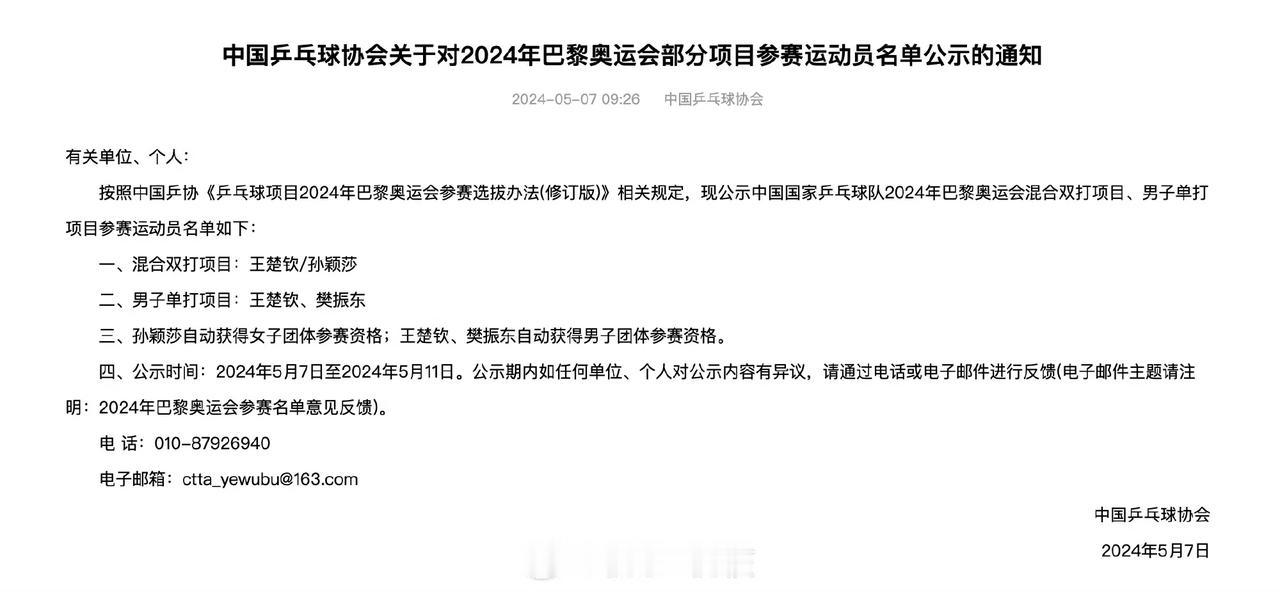  #国乒奥运会# 公示了，巴黎奥运会国乒混双王楚钦/孙颖莎，男单樊振东、王楚钦，