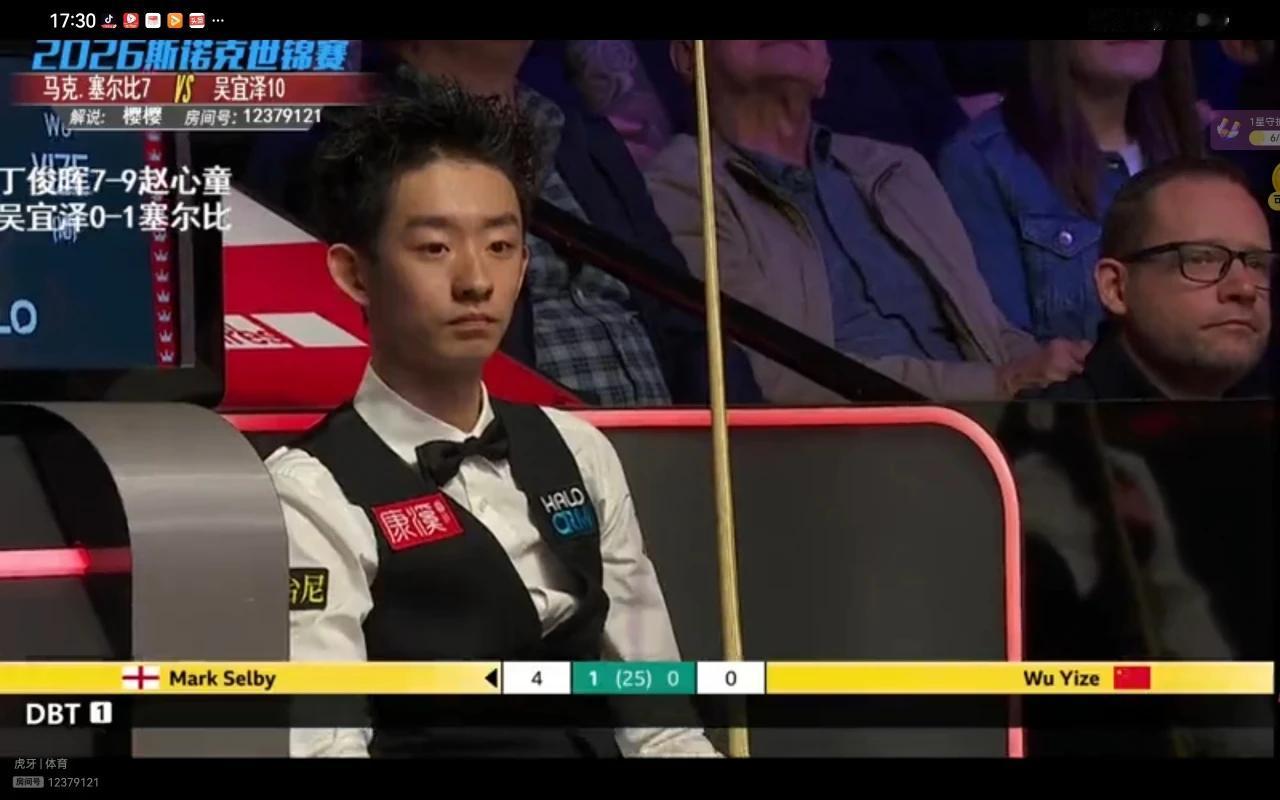 吴宜泽0-1落后塞尔比。吴宜泽第一局打粉球失误，然后让塞尔比单杆100+，刚刚第