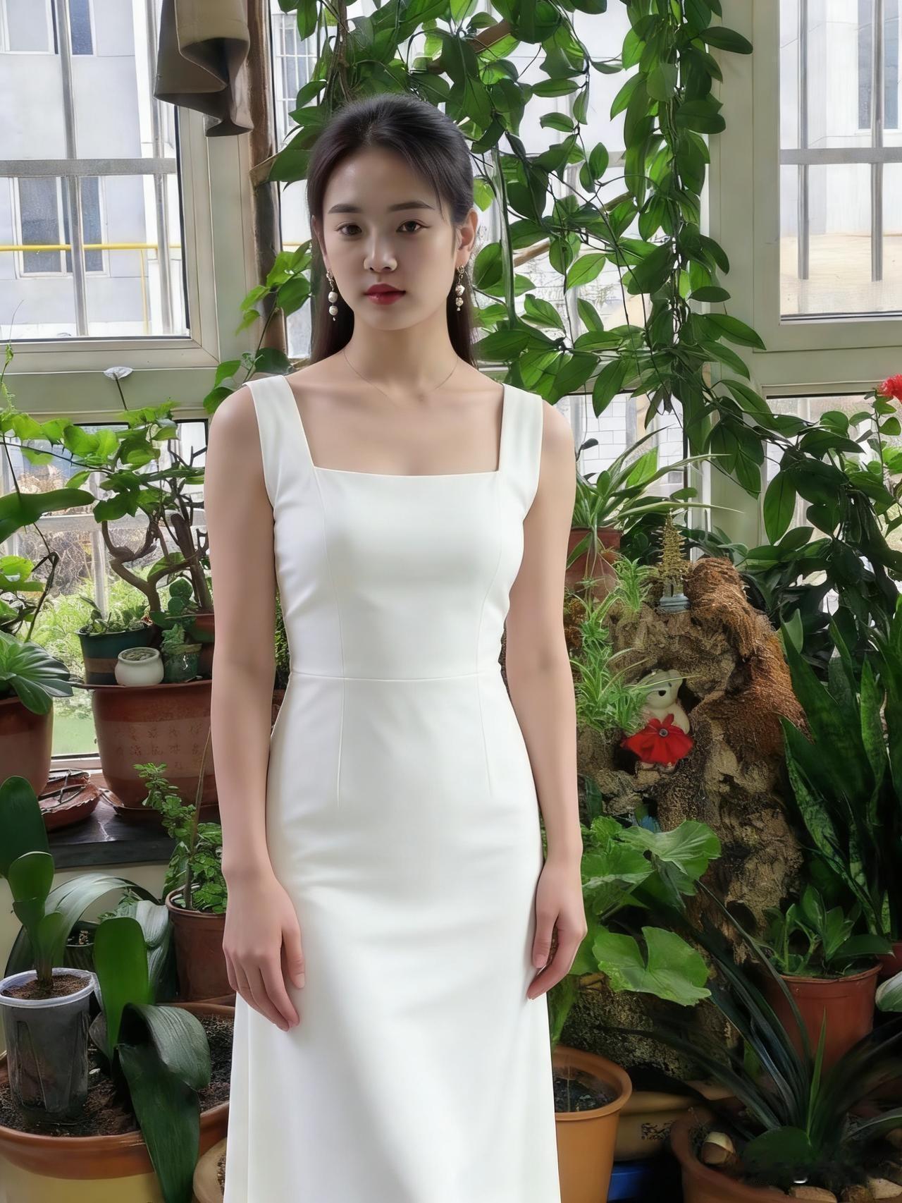 白裙少女与绿植

优雅的白裙少女与绿植相伴，堪称绝配。一袭白色长裙，方领勾勒出柔