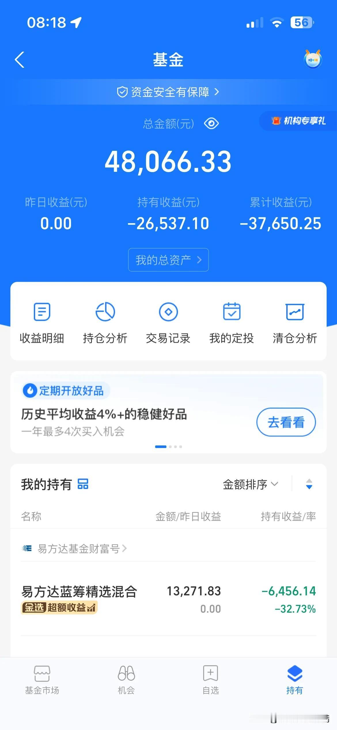 这基金眼睁睁看着它不停的减少减少。何时回本？
除非补仓，且一定是补不少的仓。
这