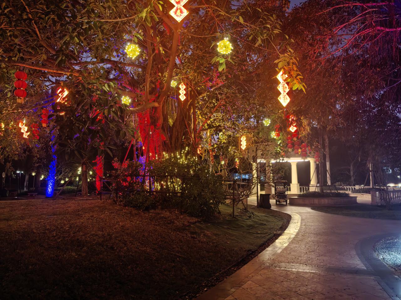 今年冬天的不同海南的家，夜晚的小区，与北国风光形成鲜明对比，节日26摄氏度。