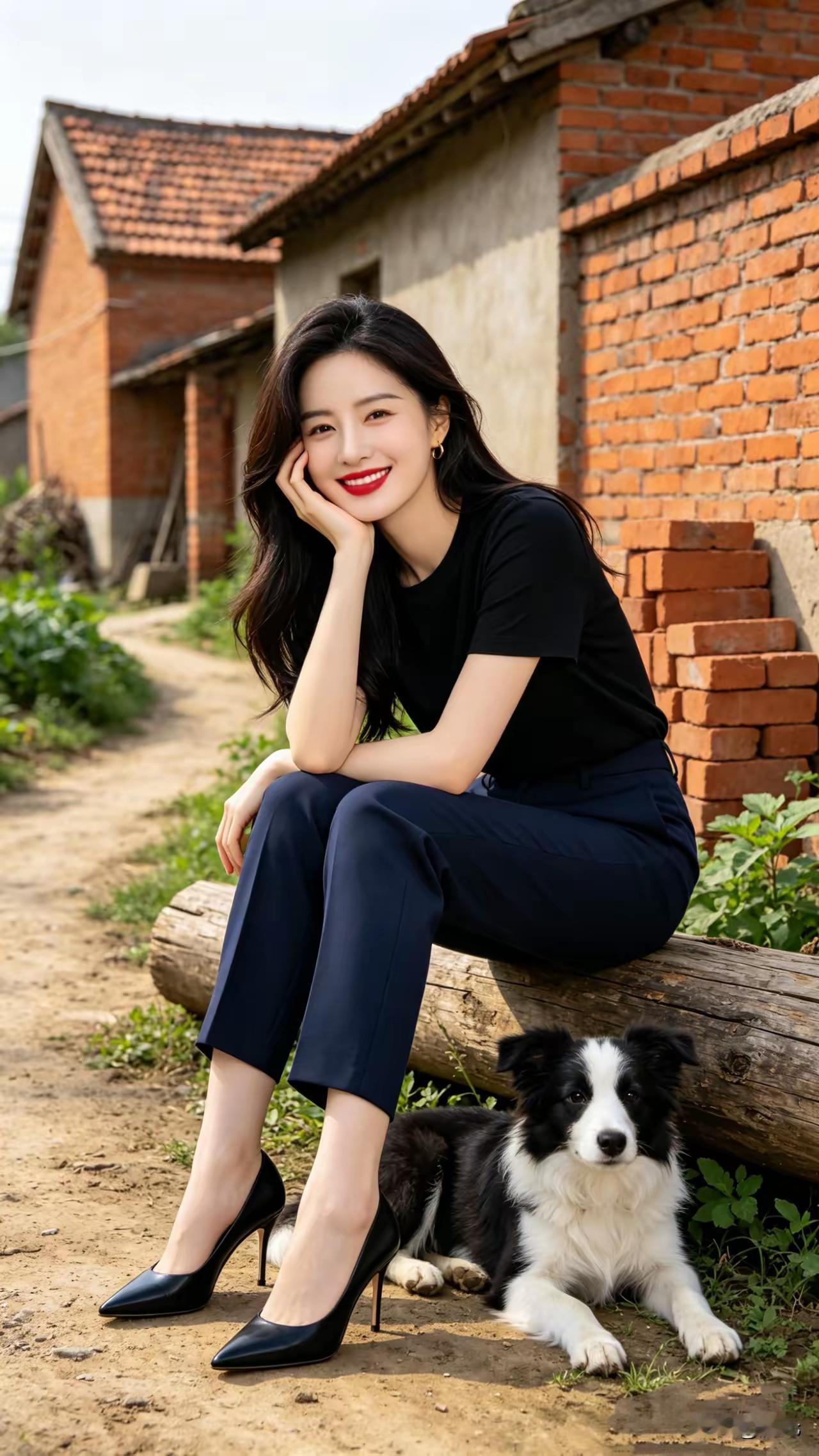 乡村小路边的时尚穿搭，黑衣黑裤配高跟鞋，与宠物狗相伴的惬意时光。