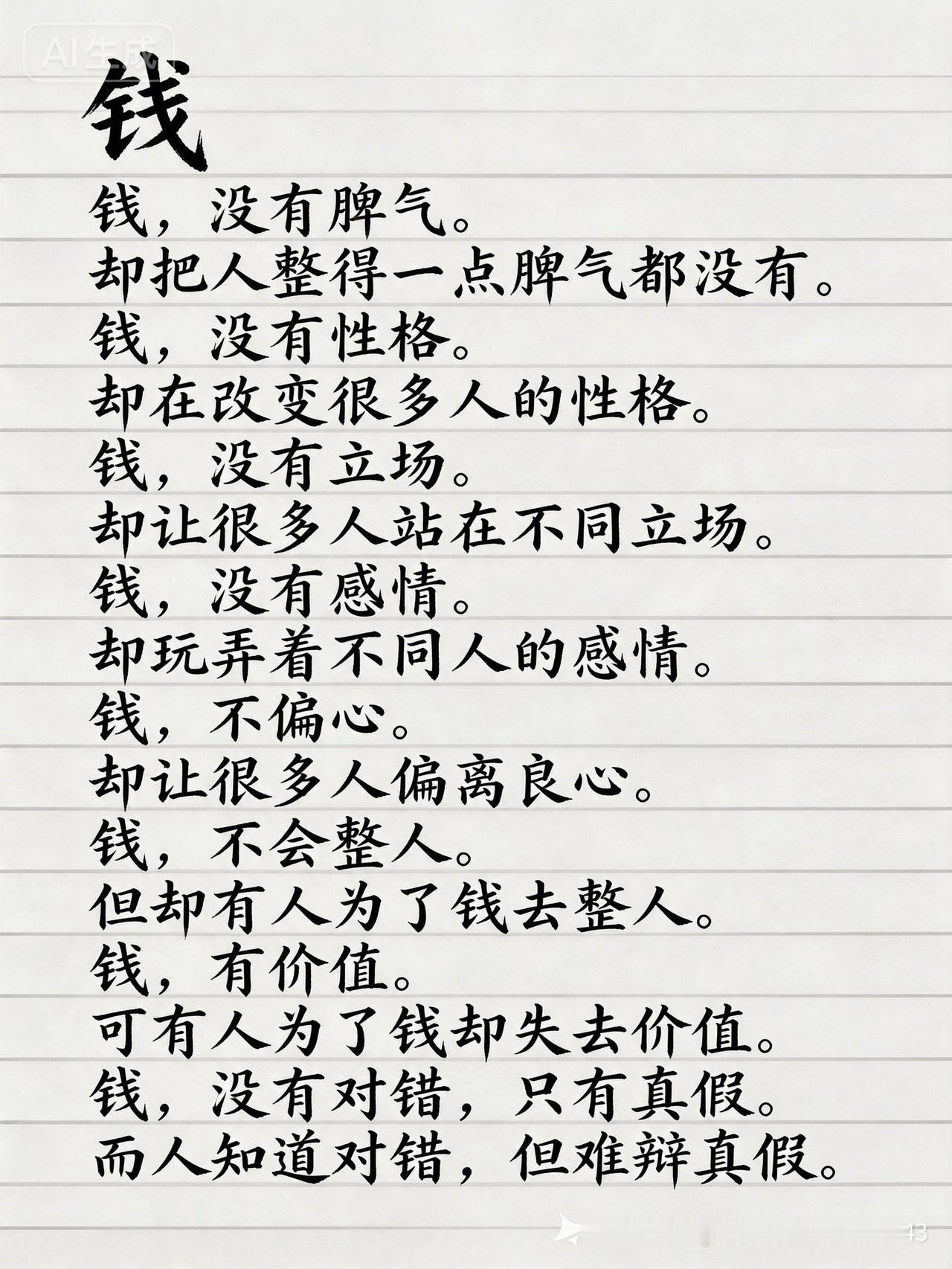钱是个奇怪的东西，让人变样。钱真是有灵性