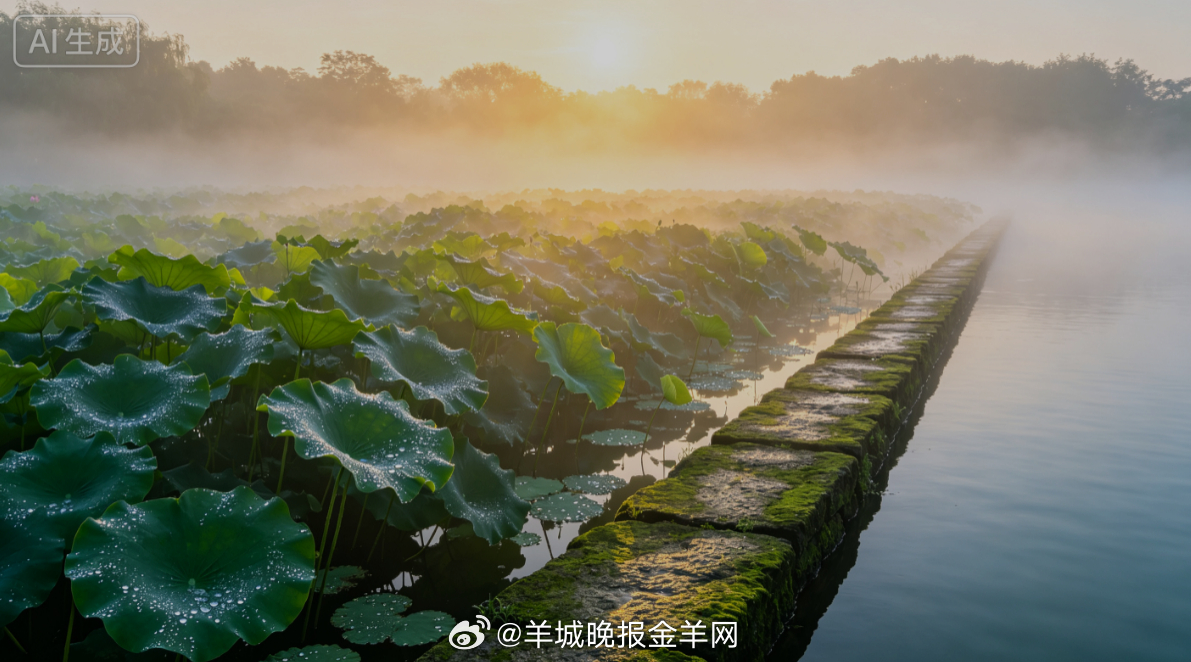#早安# 盛夏清晨薄雾浅浅笼罩荷塘，碧绿荷叶托着晶莹晨露，朝阳漫过长长的青石堤。