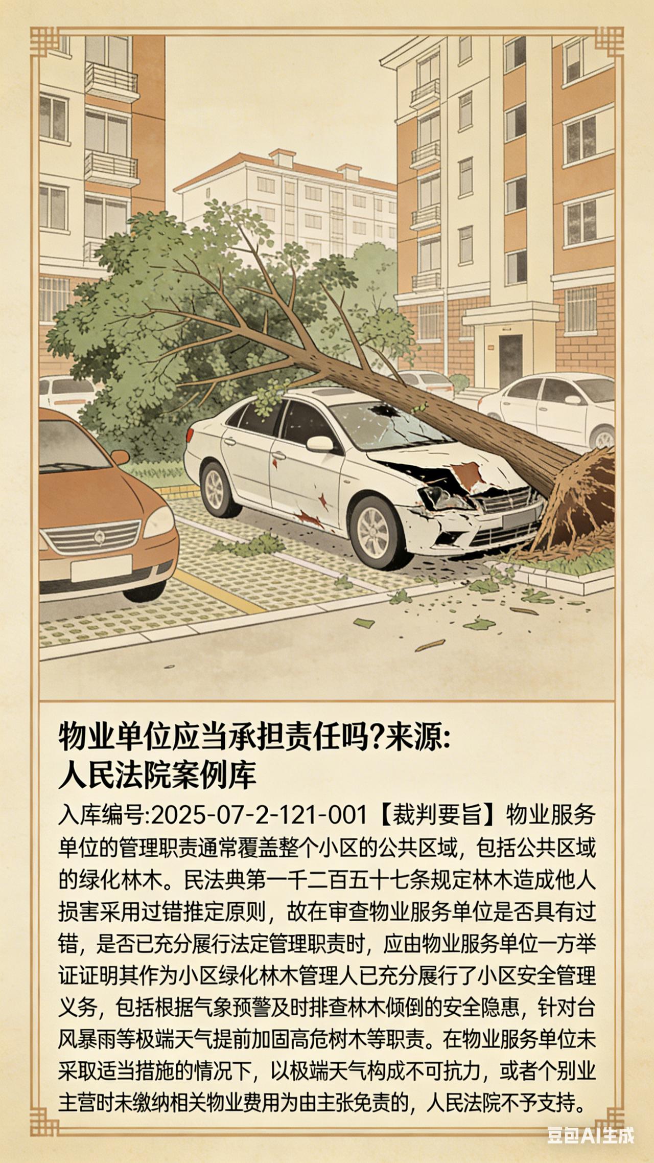 停在小区公共停车位的车，因树木倾倒造成车辆损害，物业单位应当承担责任吗?

来源