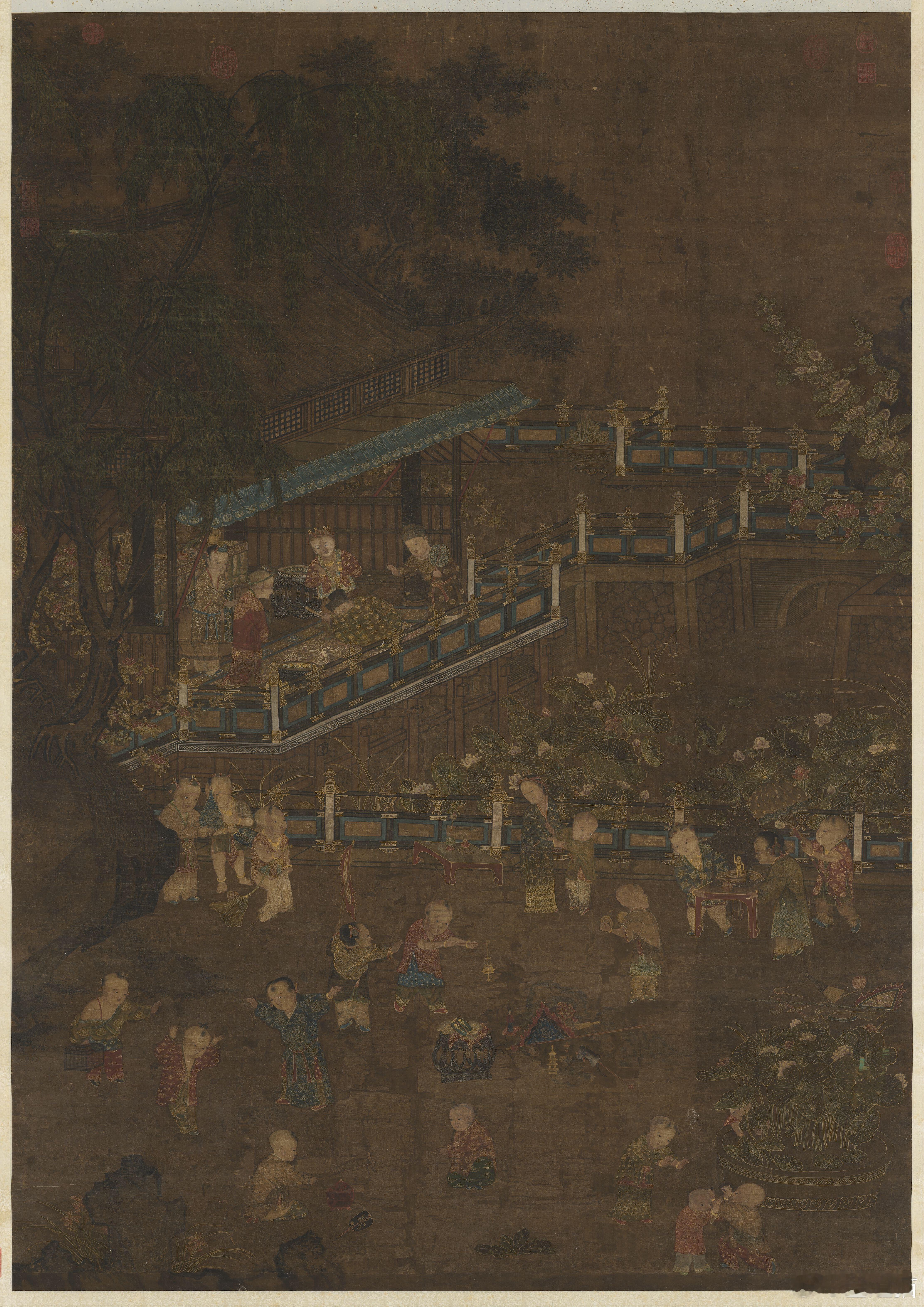 【重午戏婴图轴】台北故宫博物院/藏画上绘端午日，树阴敞榭，曲桥池沼中荷花绽放。端