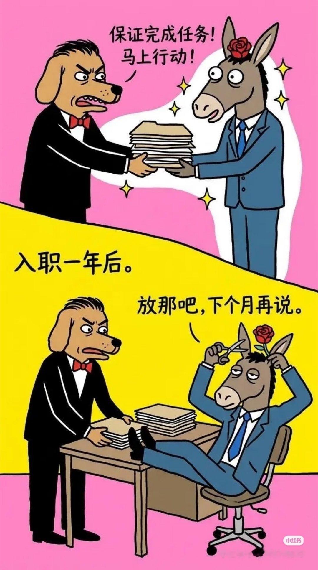 入职第一周vs入职一年刚入职：早到半小时，晚走一小时。同事说啥都点头，开会不敢发