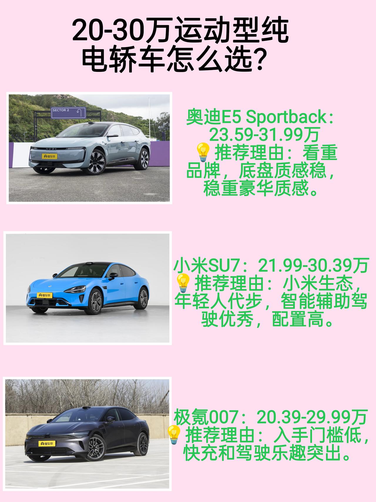 在20-30万这个价位里，奥迪E5 Sportback，小米SU7，极氪007都