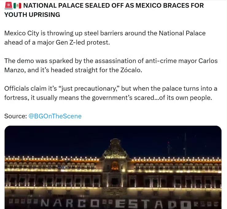 墨西哥城在总统府周围竖起钢铁屏障，以应对一场由 Z 世代主导的大规模坑议活动。