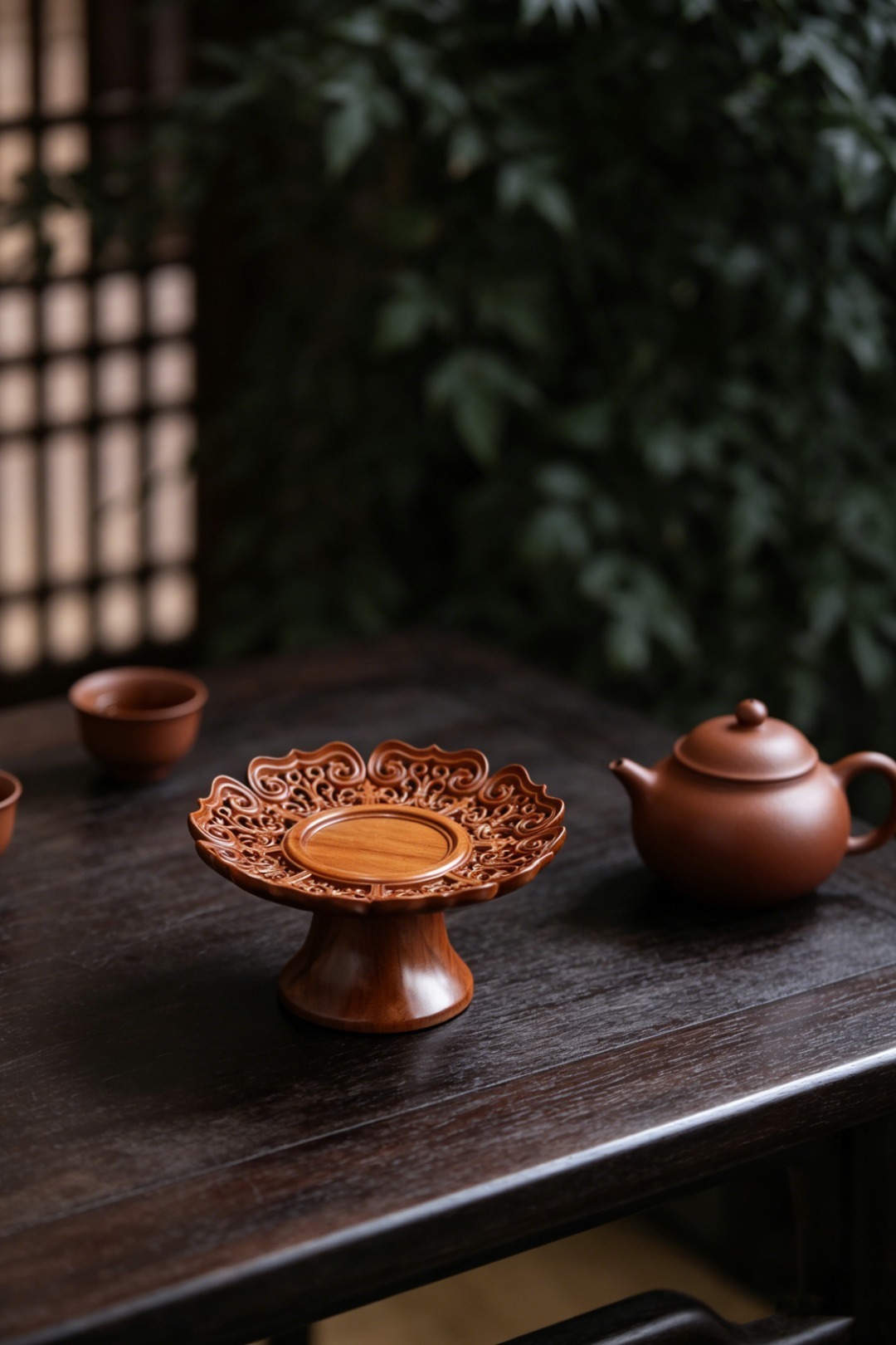 非洲酸枝 | 缠枝莲纹 清供盘镂雕缠枝莲纹，下承高足，形制周正别致，纹饰精美清丽