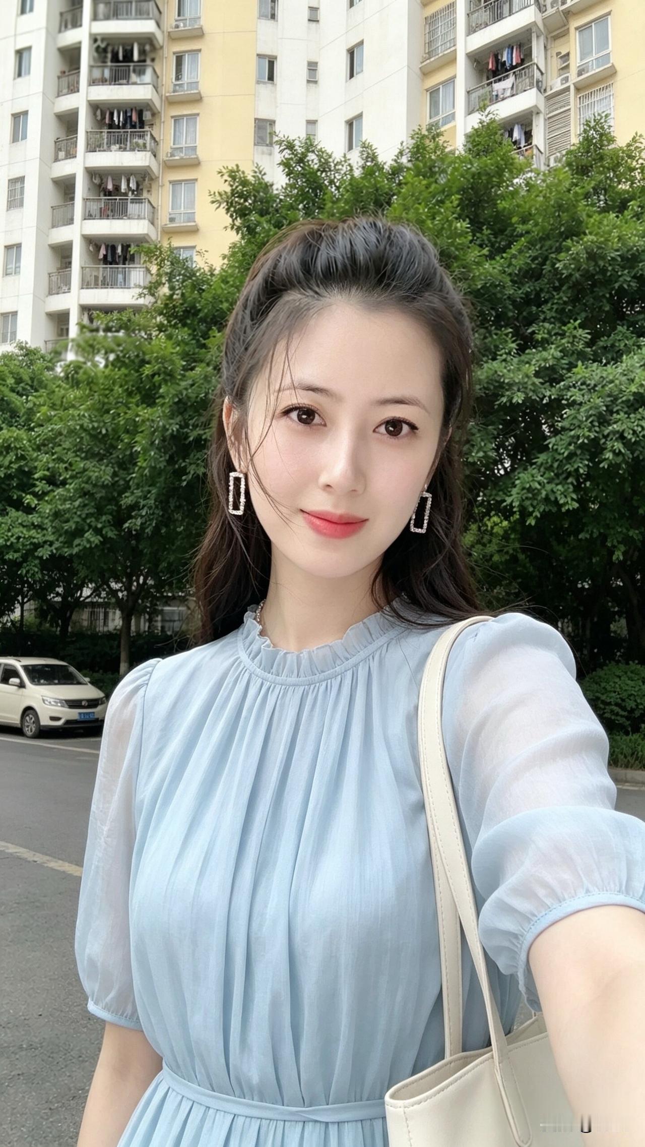 这位女士穿着蓝色连衣裙，微笑自拍。