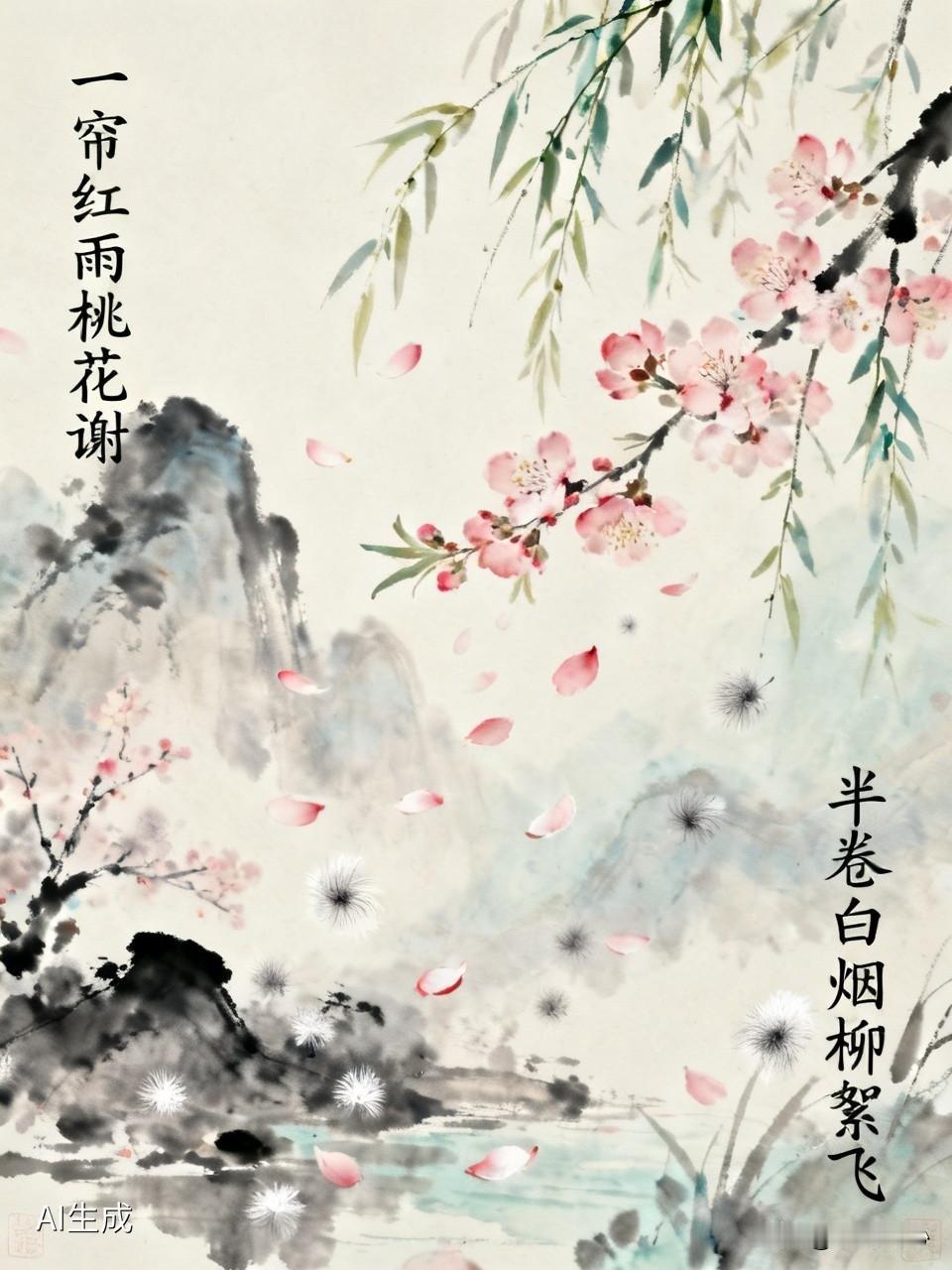 “一帘红雨桃花谢”，这上联描绘出一幅绝美画面，桃花在风雨中纷纷飘落，如红雨般唯美