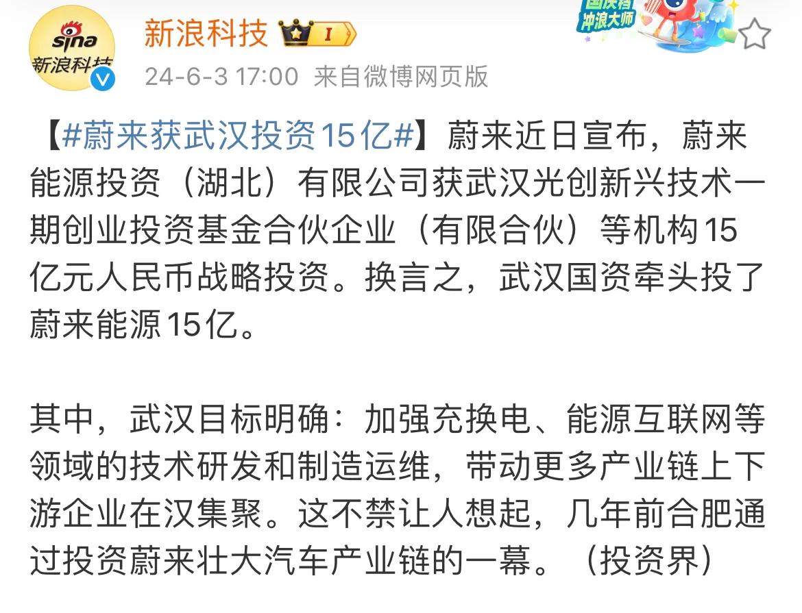 蔚来可能要浴火重生了，武汉国资带头投了蔚来15亿元，武汉国资的目的可能也是为了扶