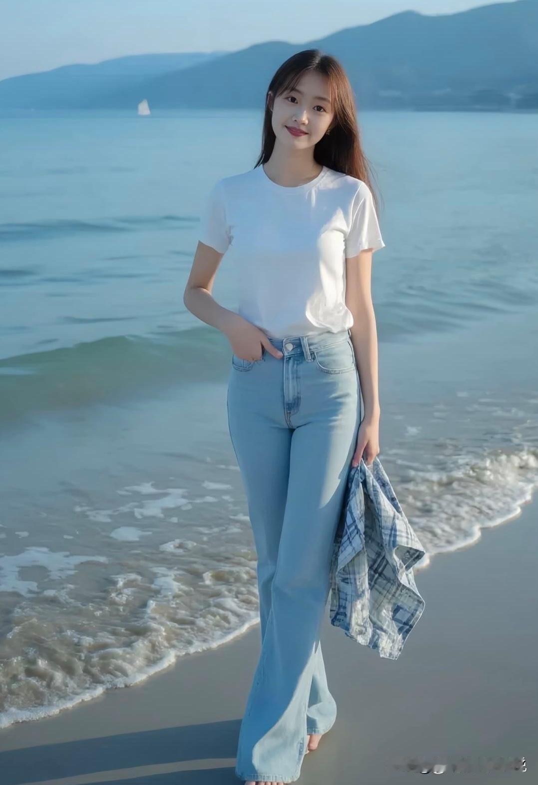 海边漫步，白色T恤+牛仔裤，轻松自在的一天🌊👗