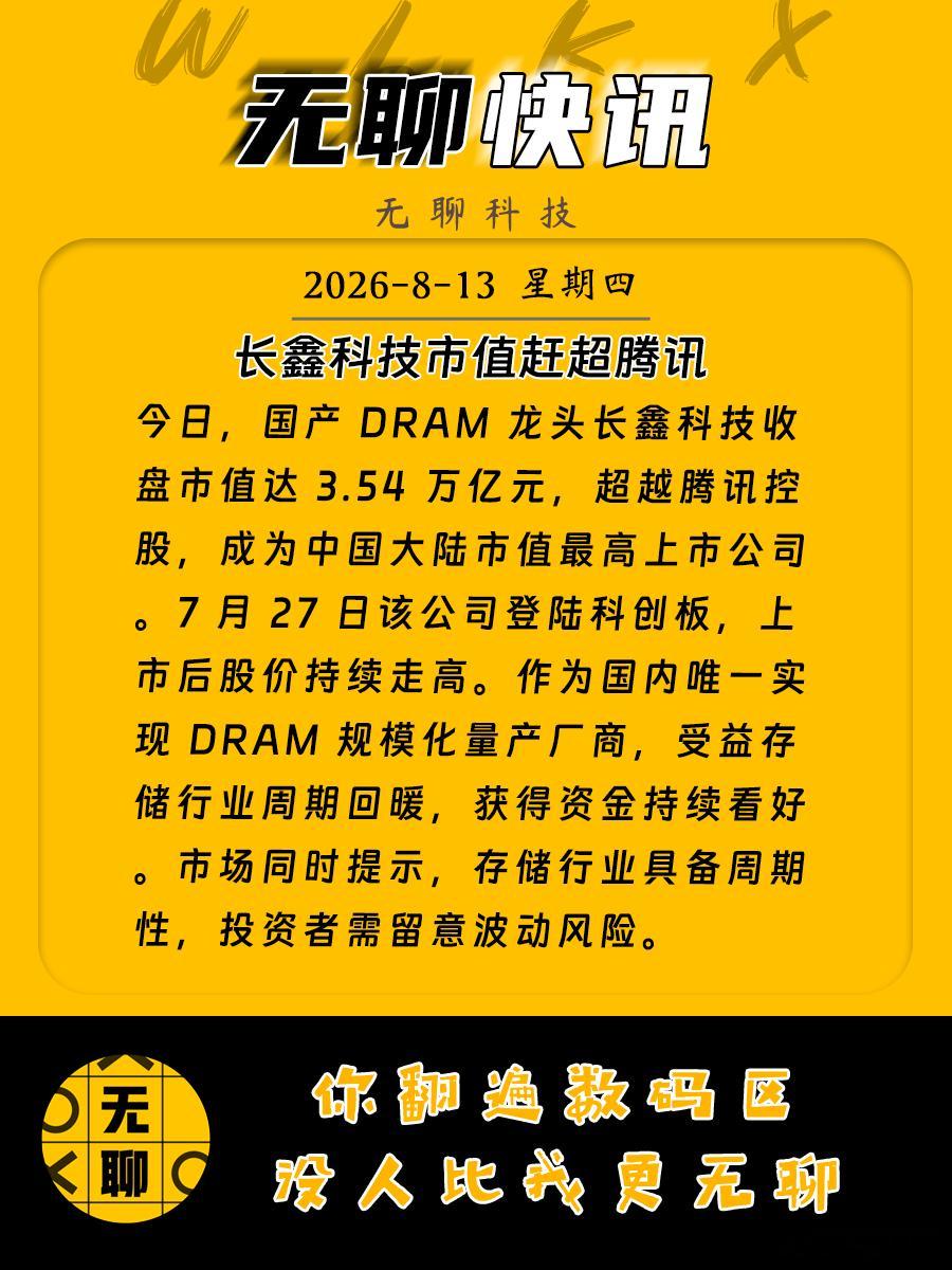 【长鑫科技市值赶超腾讯 】今日，国产 DRAM 龙头长鑫科技收盘市值达 3.54