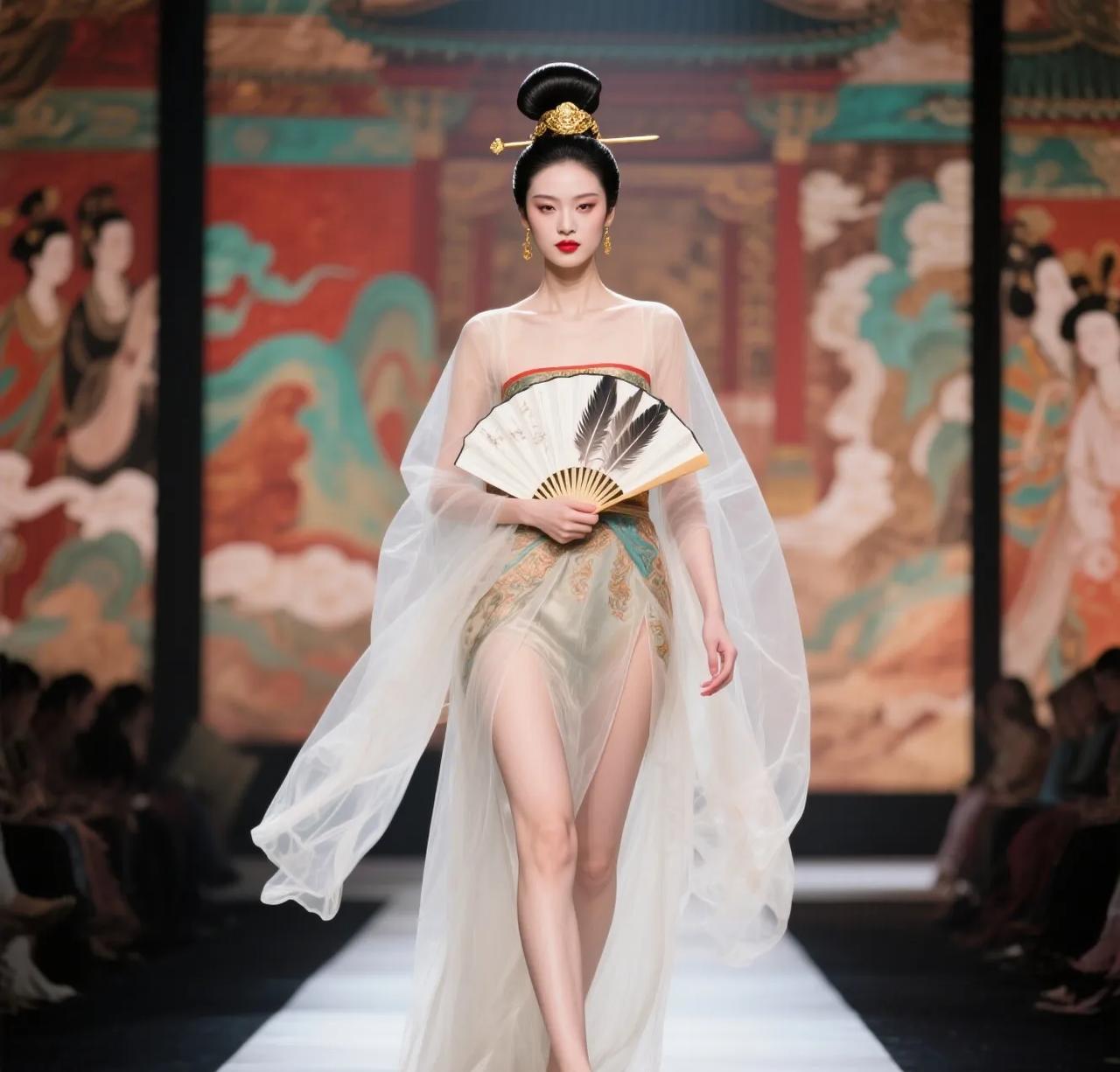 夏朝古装风，演绎文化自信。
第一位姐姐身着改良玄端裙，领口绣着繁复的云雷纹，腰肢