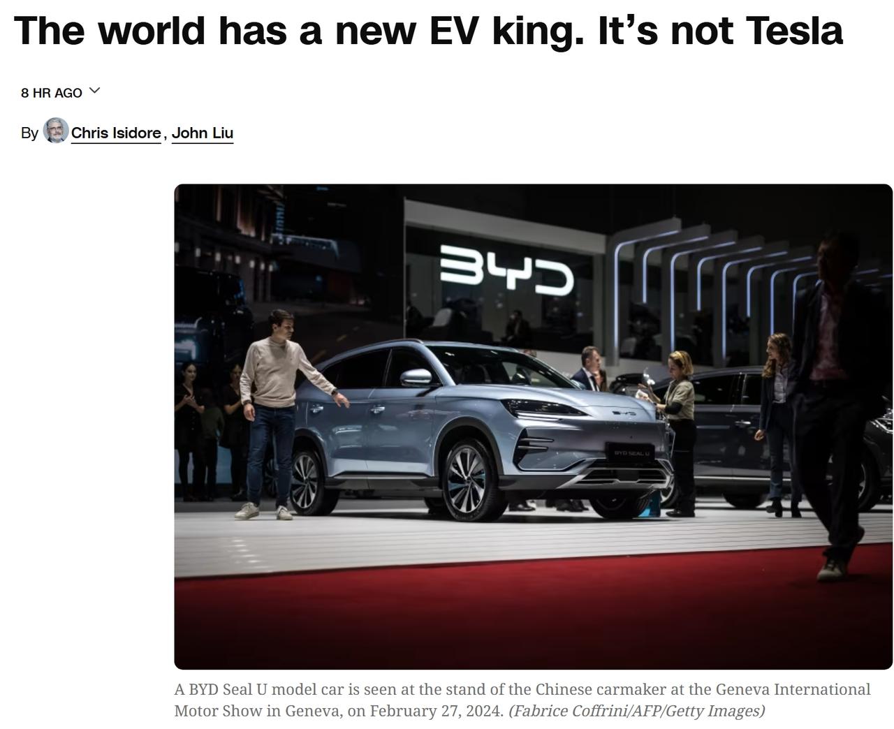 CNN发文称世界迎来新的电动车之王：不是特斯拉
根据本周发布的2025年数据，比