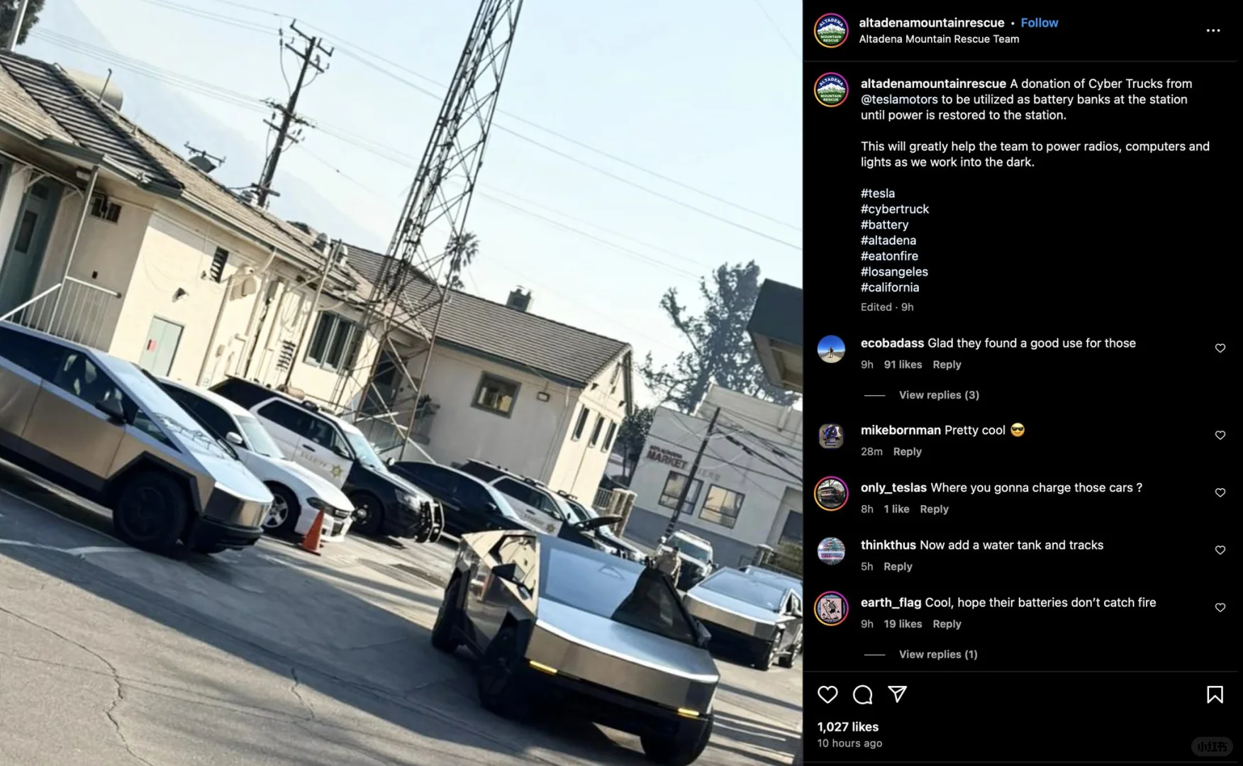 新闻：特斯拉捐赠了多辆 Cyber​​truck，作为阿尔塔迪纳山地救...