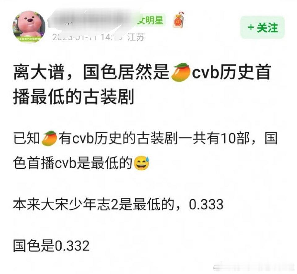 国色芳华是芒果cvb最低的古装剧吗？？？芒果精不是挺满意的？我记错了？？？还是图