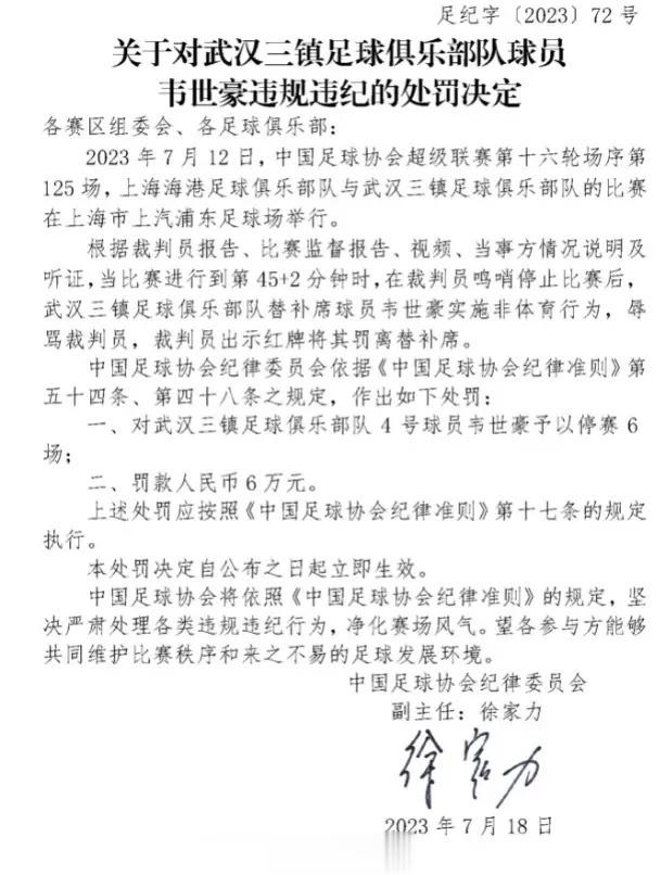 之前打人禁赛5场，韦世豪骂人禁赛6场，足协处罚的依据是啥，有点看不明白了。谁明白