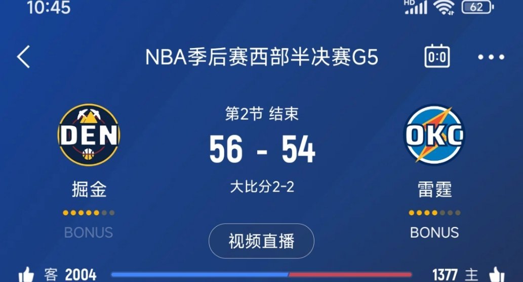 上半场结束，掘金领先2分！掘金vs雷霆 ​​​