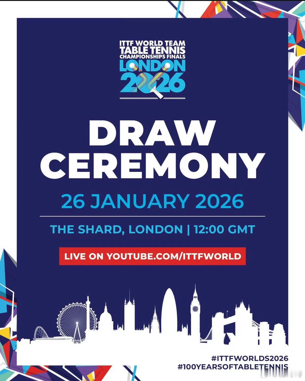伦敦世乒赛团体赛抽签仪式 北京时间1月26日20:00，抽签仪式于伦敦碎片大厦举