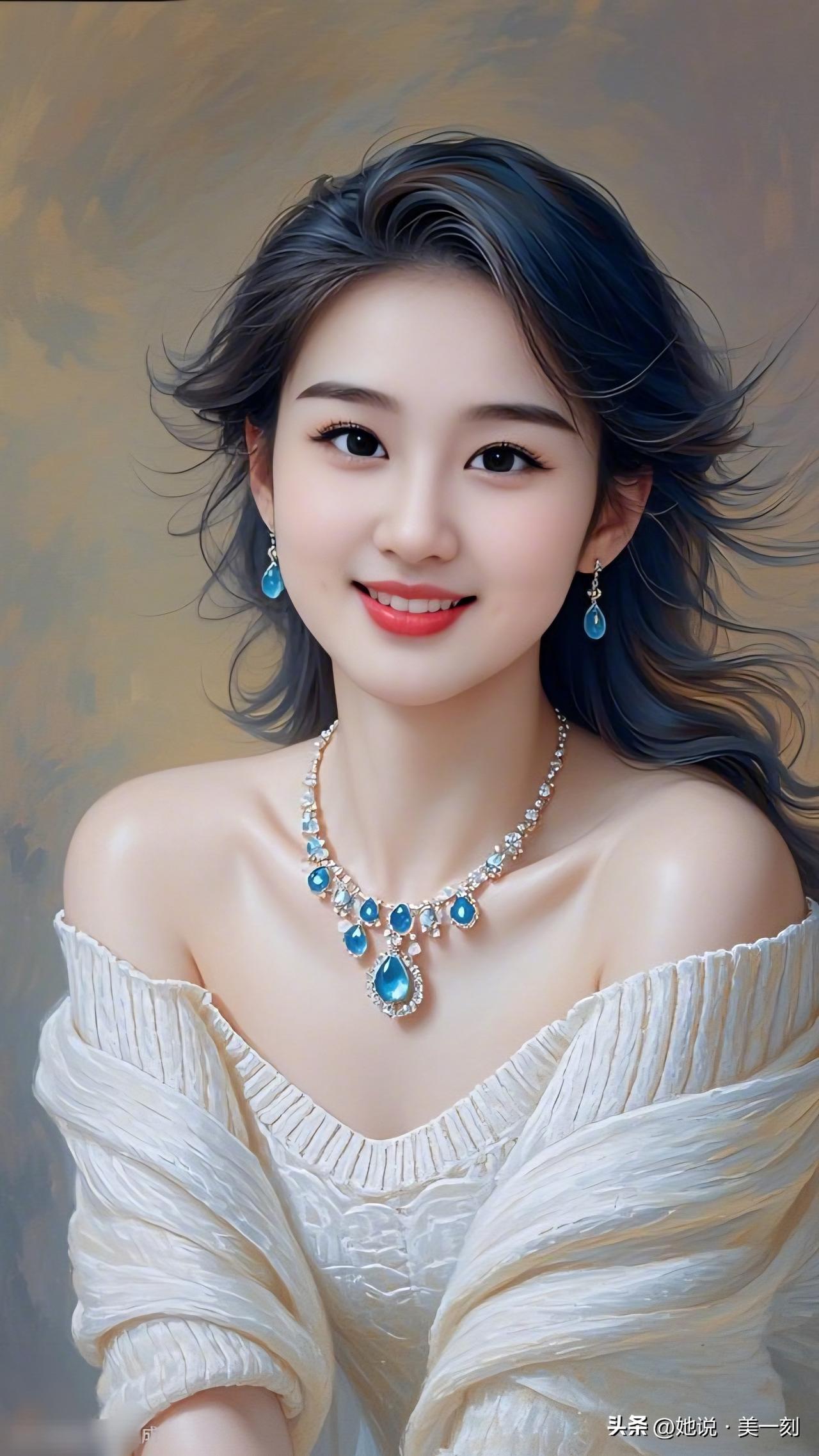 甜美少女风，蓝宝石项链搭配，温柔笑容，梦幻氛围。为什么有些女孩子很有气质呢?