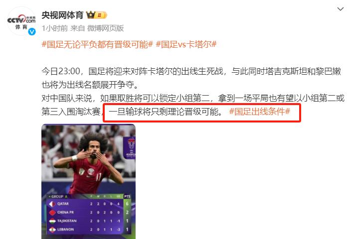 央视：一旦国足输给卡塔尔，将只剩理论晋级可能！

赢得比赛才是王道，国足别想着排