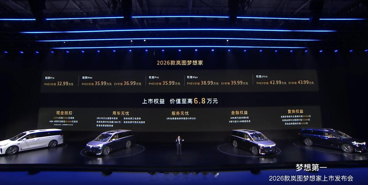 2026 款岚图梦想家 MPV 上市。首搭华为乾崑 ADS 4 + 鸿蒙座舱 5
