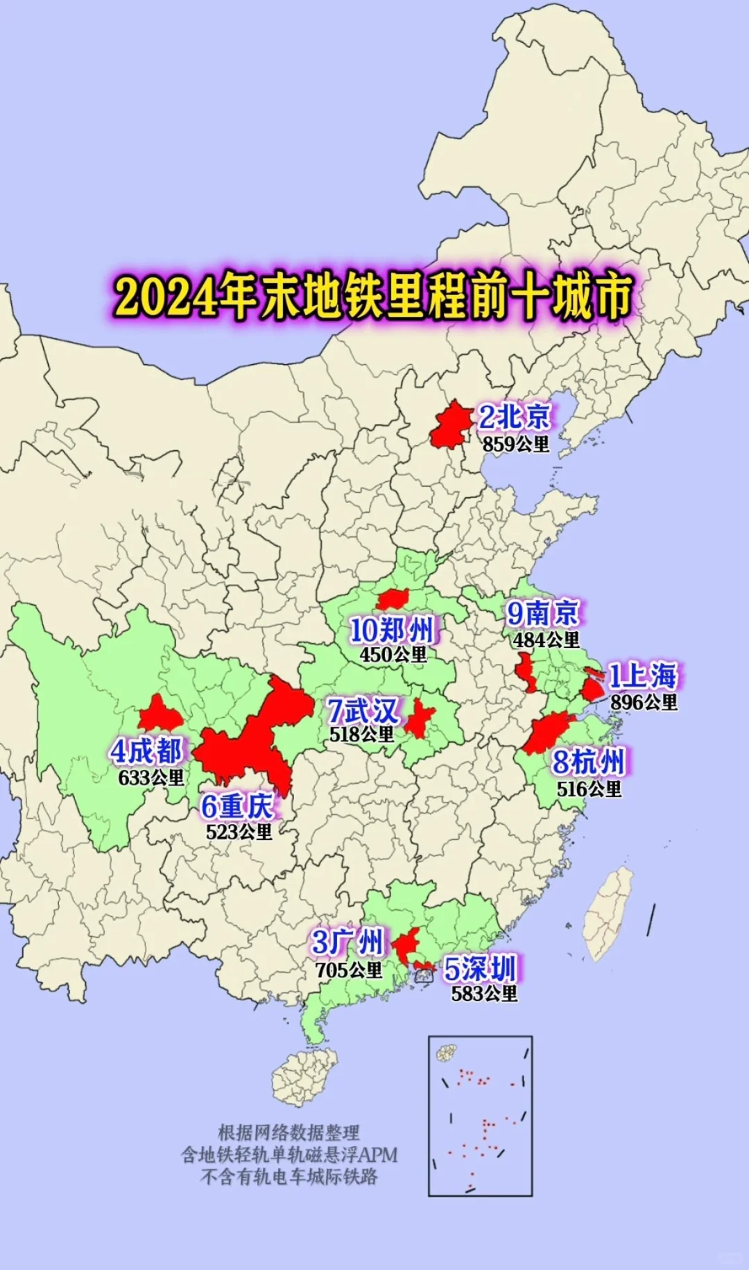 2024年末地铁里程前十名城市，郑州第十