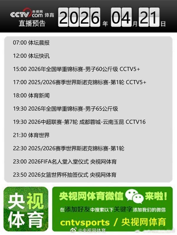 【央视网体育4月21日直播预告】07:00 体坛晨报；12:00 体坛快讯；15