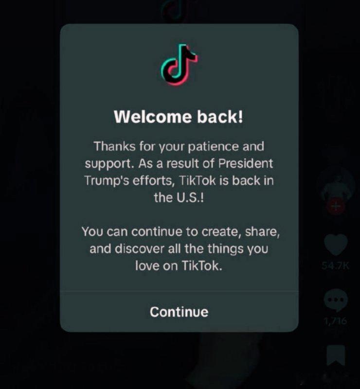 【TikTok重返美国，感谢特朗普的标语刷屏】1月20日，TikTok在美国全面