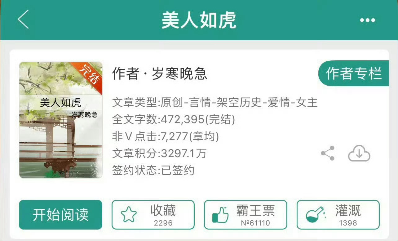 小说推荐：《美人如虎》 作者:岁寒晚急简评：聪慧冷静女主vs傲娇小魔王男主，女扮