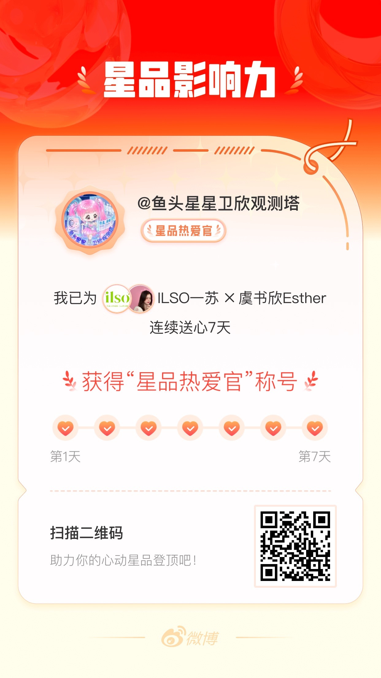 我在星品影响力上为 X 连续送心7天，获得“星品热爱官”称号！快来一起pick你