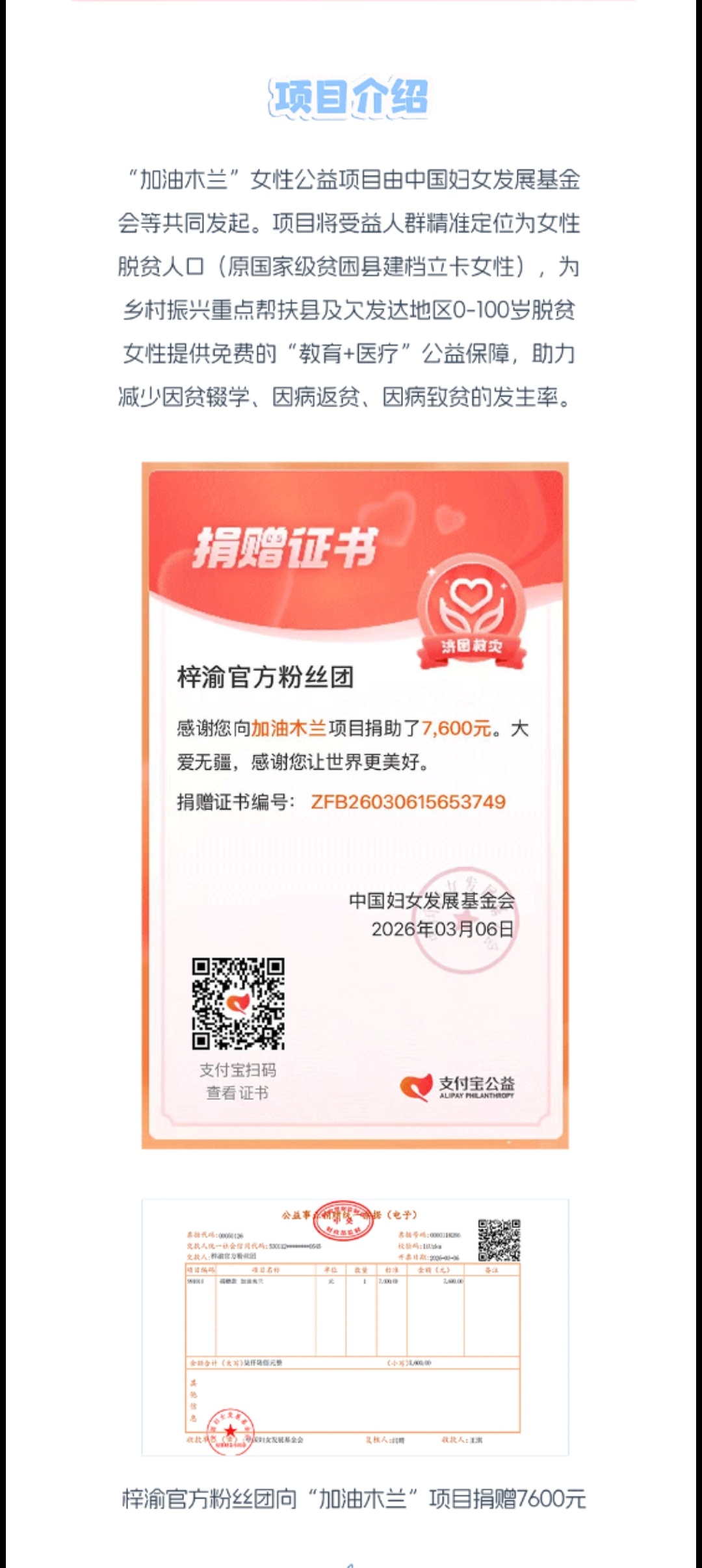 梓渝粉丝妇女节公益活动梓渝官方粉丝团“三八”国际妇女节公益活动捐赠7600元参与