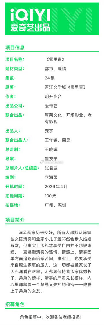 李现 张婧仪爱奇艺《雾里青》组讯来了24集，本月开机 