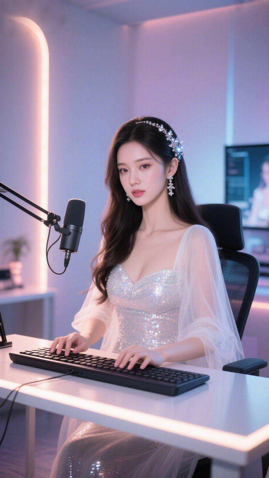 柔光里的指尖时刻
 
淡紫灯影轻笼房间，像把晚星的柔晕揉进了空气。她指尖落向键盘